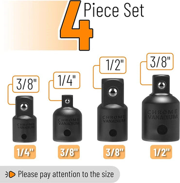 4-Piece Impact Socket Adapter Reducer Set — 1/2 in (12.7 mm), 3/8 in (9.53 mm), 1/4 in (6.35 mm) Drive Converters for Wrenches, Drills & Impact Drivers