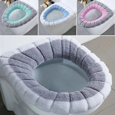 1-Piece Washable Knitted Toilet Seat Cover, Thick Soft Cushion with Handle, Fits Round and Oval Seats