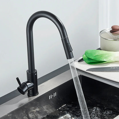 Black Pull-Out Kitchen Faucet Single-Handle Two-Function Deck-Mounted Mixer Hot and Cold