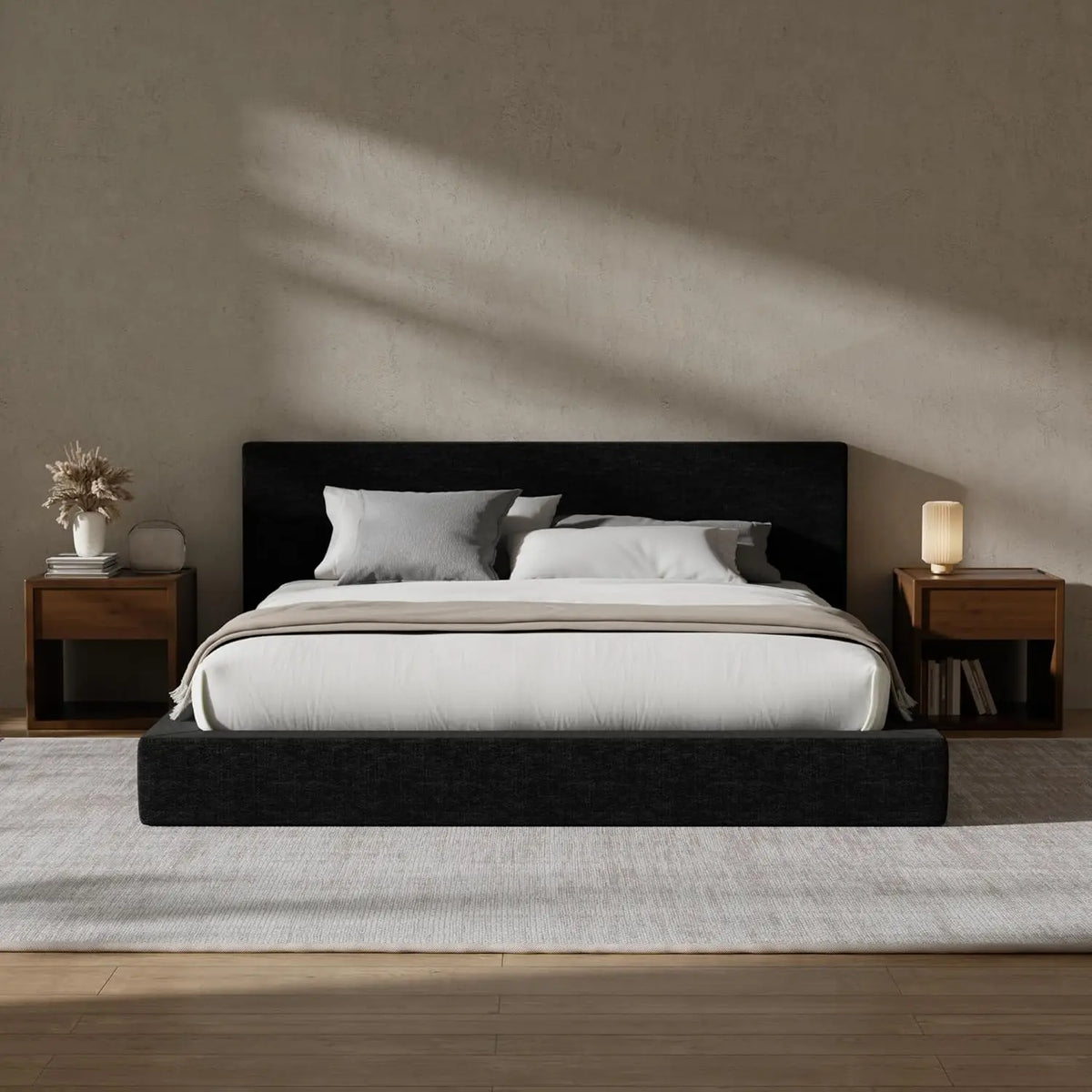 Cloud Upholstered King Platform Bed Frame - 5" CertiPUR-US Foam, Chenille, Cold-Rolled Steel, No Box Spring, Snow White / Onyx Black / Moon Grey / Beige / Cream