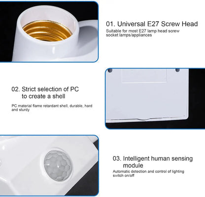 Pir Motion Sensor Light Socket,E27 LED Bulb Base Human Body Sensor Adjustable Auto on Off Light Control Lamp Holder