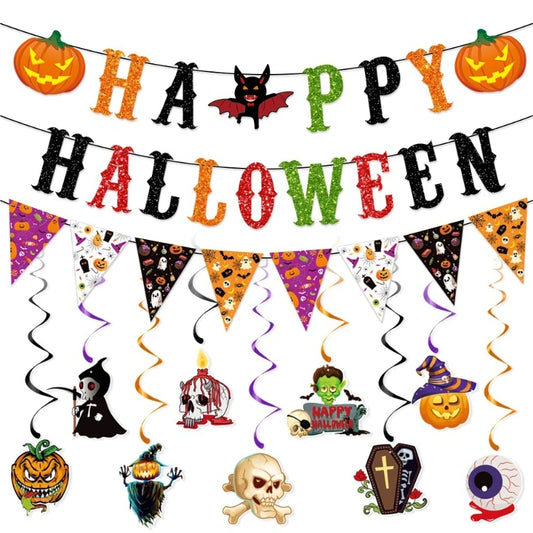 Halloween Triangle Banner & Spiral Hanging Props Set – Paper Flag Garland with Swirl Decorations for Party, Ghost Festival & DIY Venue Decor – 3 Designs