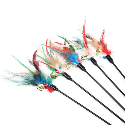 5-Pack Interactive Cat Feather Wand Toys - Colorful Feather Teasers with Bell