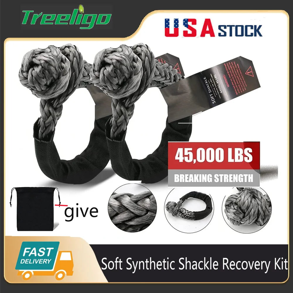 Treeligo soft synthetic shackle recovery kit showing two gray braided rope handles with black fabric sleeves, a black drawstring bag, and promotional text including '45,000 LBS BREAKING STRENGTH' and 'Soft Synthetic Shackle Recovery Kit'.