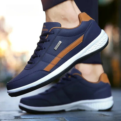 Men's Leather Lace-Up Vulcanized Sneakers, Casual Comfortable Ankle Trainers