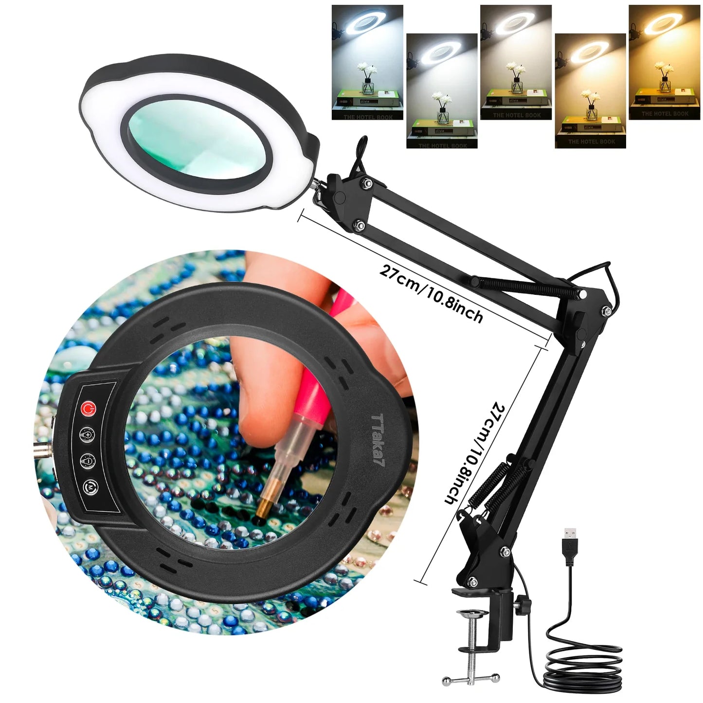 72-LED USB Magnifying Lamp 8X/10X 4.2in (106mm) Glass Lens Dimmable 3-Color LED Magnifier with Adjustable Arm & Clamp for Soldering Repair Crafts Beauty