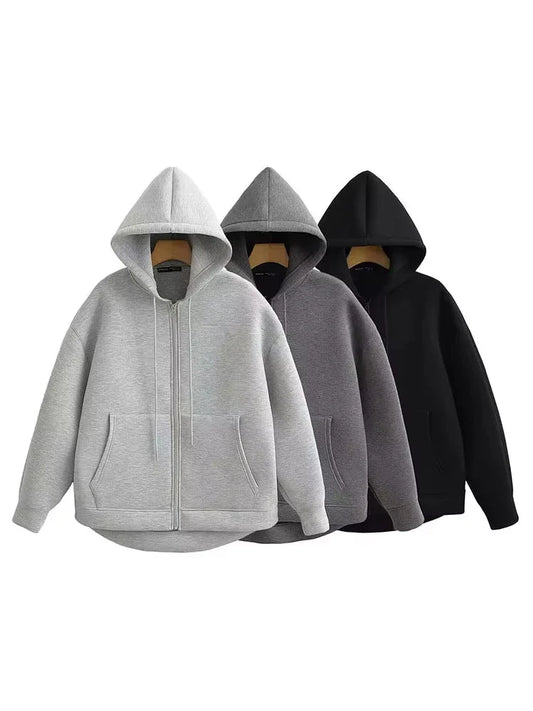 Women's Oversized Zipper Hoodie Jacket with Double Pockets - Casual Autumn/Winter Coat