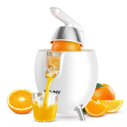 Rouny manual juicer with oranges and juice on a white background