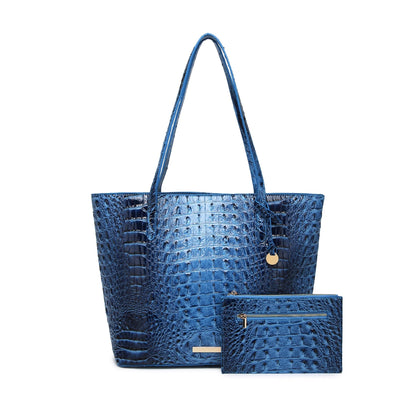 Crocodile-Embossed PU Leather Tote Bag Set – Spacious Bucket Shoulder Handbag with Detachable Zipper Pouch for Women, 14 Colors