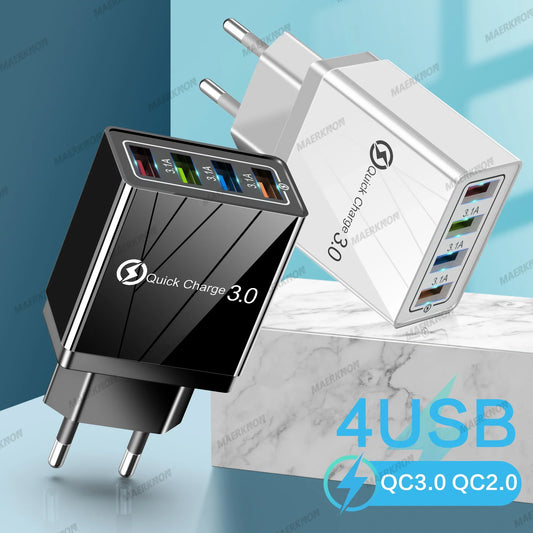 4-Port USB-A Wall Charger QC 3.0 3.1A Fast Travel Charger, 45W Total, US/EU Plug