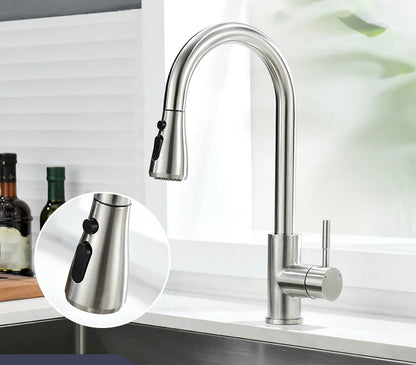 360° Rotating Telescopic Pull-Out Kitchen Faucet - Brushed Nickel, Single-Handle Deck Mount