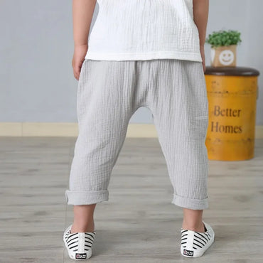 Kids Cotton Pleated Ankle-Length Pants – Toddler Boys Girls Casual Harem Trousers with Elastic Waist