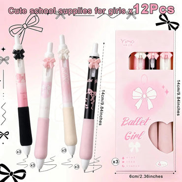 12 Pcs Pink Bow Pens Bulk, Cute Coquette Aesthetic Pink Black White Bow Pens with Ballet Girl Party Favors for Birthday Baby Shower Bridal Shower Wedding Office Back to School Supplies