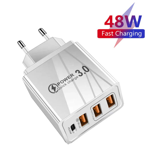 48W USB-C PD Fast Charger — QC 3.0 Wall Charger with EU/US Plug, Universal for Smartphones & Tablets