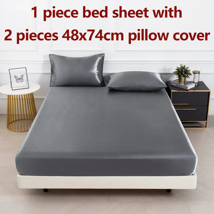 Satin Fitted Sheet Set 3-Piece (1 Fitted Sheet + 2 Pillowcases) Soft Breathable Solid Color Bedding