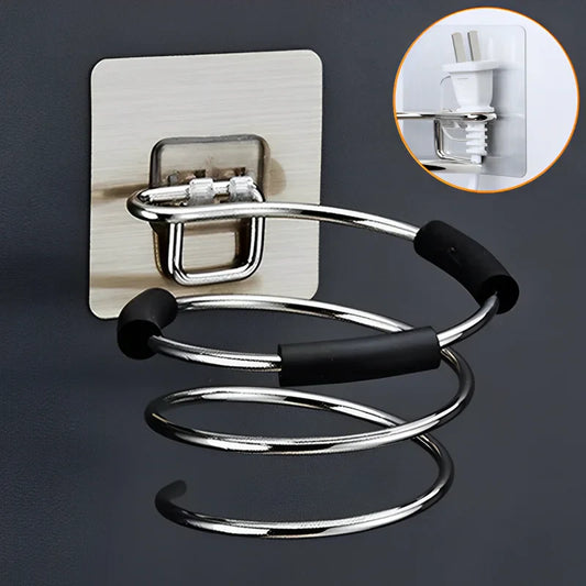 Wall-Mounted Hair Dryer Holder Stainless Steel Spiral Stand – Nail-Free Adhesive, 12 x 10 cm (4.72 x 3.94 in)