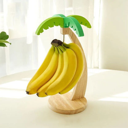 Wooden Hanging Banana Rack with Leaf Hook, Vertical Fruit Storage & Kitchen Decor