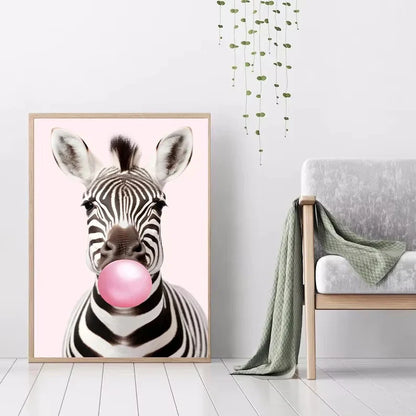 Cute Pink Panda Giraffe Bunny Cheetah Zebra Blowing Bubble Gum Poster Nursery Canvas Painting for Kids Room Animal Print Decor