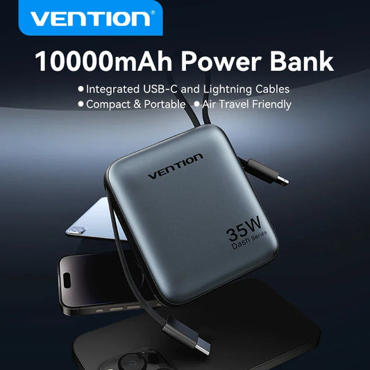 10000mAh 35W PD Fast Charging Power Bank with Built-in USB-C & Lightning Cables Compact Portable Charger for iPhone and Android