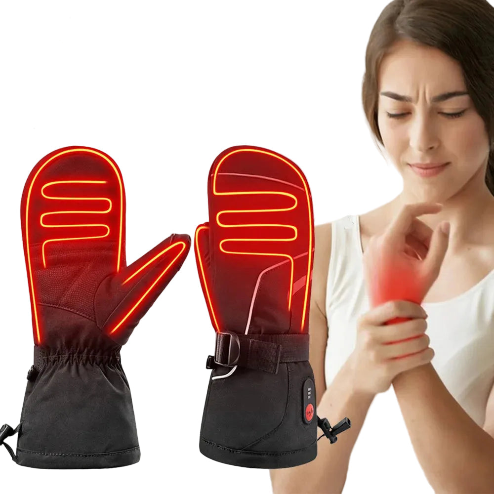 A pair of black winter gloves with glowing red heat-map outlines, shown next to a woman holding her wrist with a red heat overlay. Large yellow and black text at the top reads '$59.