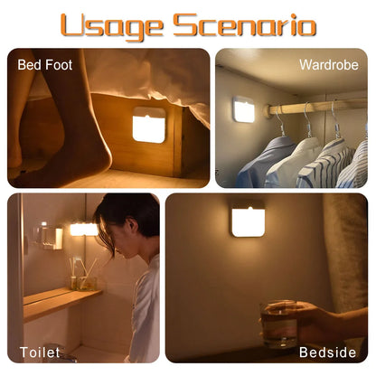 Motion Sensor LED Night Light - USB Type-C Rechargeable Square Lamp for Bedroom, Kitchen, Stair, Hallway, Wardrobe, Cupboard
