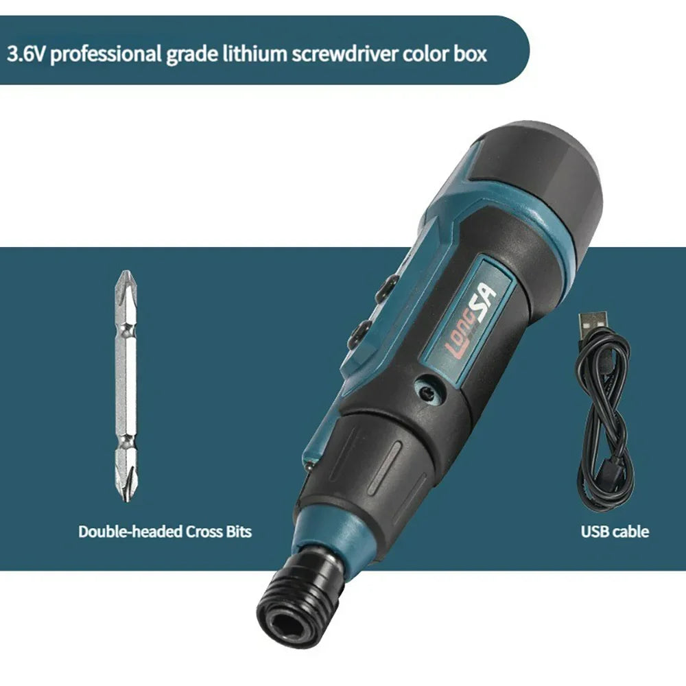 3.6V Mini Cordless Electric Screwdriver — Torque Adjustable Straight Handle, 6.35mm (1/4") Hex Chuck, 1300mAh Lithium Battery