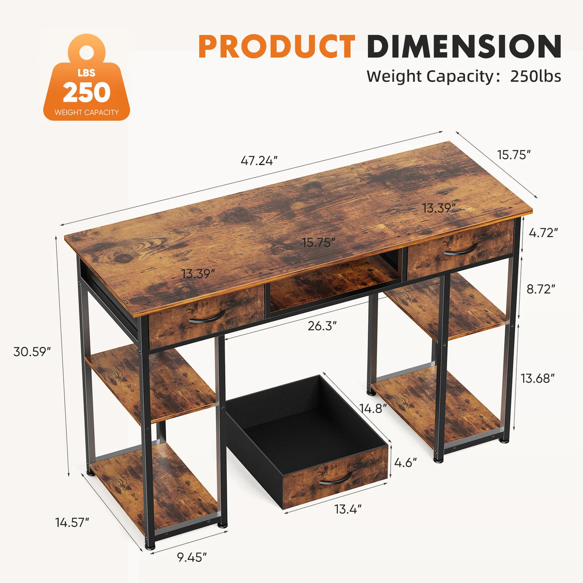 JHK 48" Computer Desk with Fabric Drawers, Storage Shelves, Middle Cube - Metal Frame, Adjustable Feet, Modern Home Office Desk, Brown/Black/White