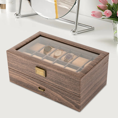 24-Compartment 2-Tier Watch Display Box with Glass Window - Rustic Brown PU & Wood, Removable Pillows, Tabletop Jewelry Organizer