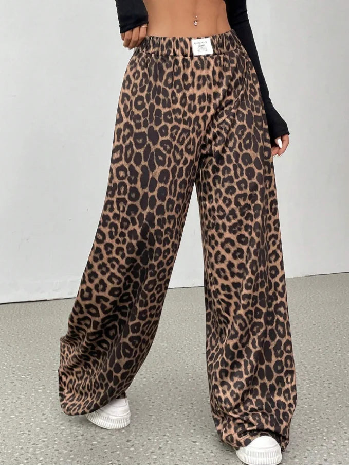 Women's Leopard Print Wide Leg Palazzo Pants – High Waist Loose Casual Trousers, Sizes S–XXL