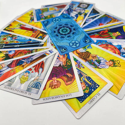 Spanish Tarot Laser Gold Foil Divination Cards for Beginners 12x7cm Fortune Telling Deck with Bilanguage Guide Book