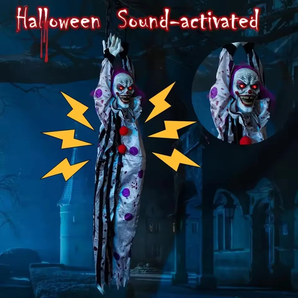 Animated Voice-Activated Hanging Ghost Clown Prop – 150cm Electric Vibrating Body, Glowing Eyes & Scary Sounds for Haunted House & Halloween Decor