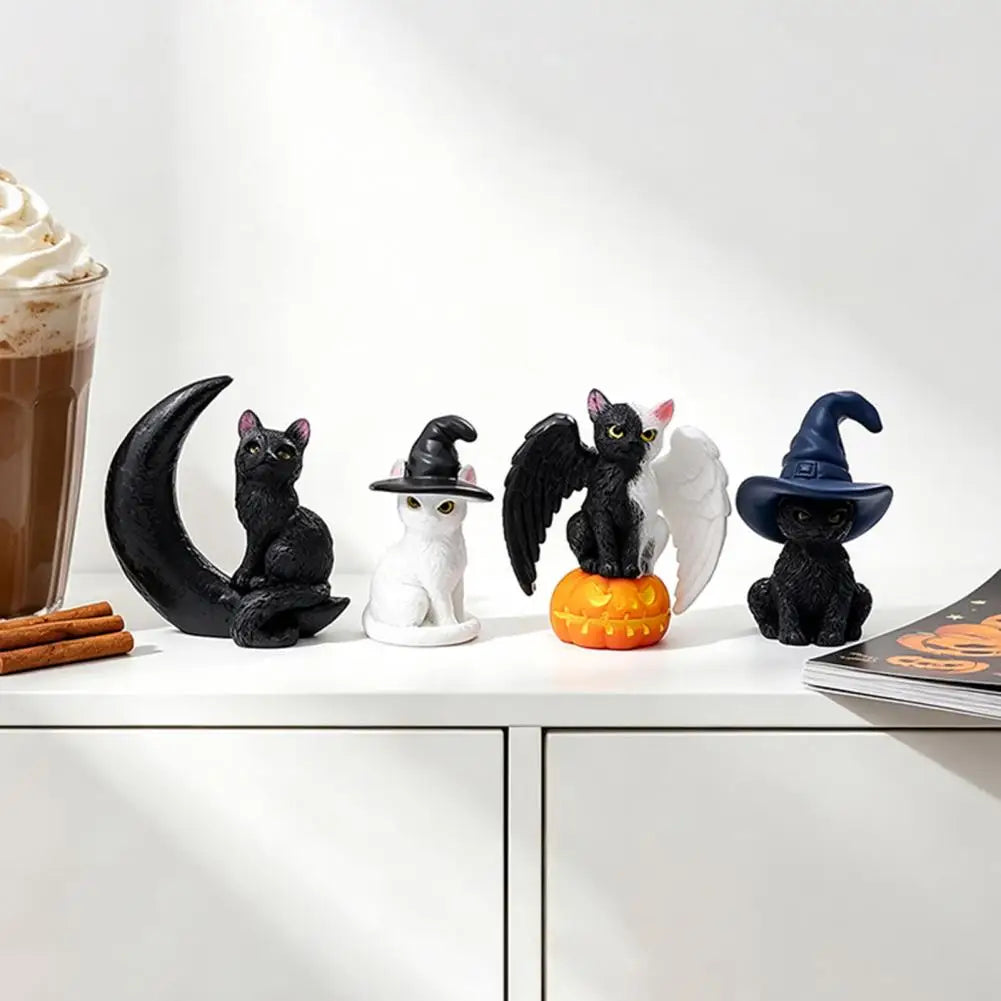 Halloween Witch Cat Resin Figurine - Spooky Cat with Witch Hat, Pumpkin, Skull & Moon Statue for Tabletop, Mantel & Shelf Decor - 5 Designs
