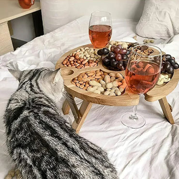 Portable Folding Wooden Picnic Table with Wine Glass Holder, Collapsible Snack Tray & Outdoor Side Table