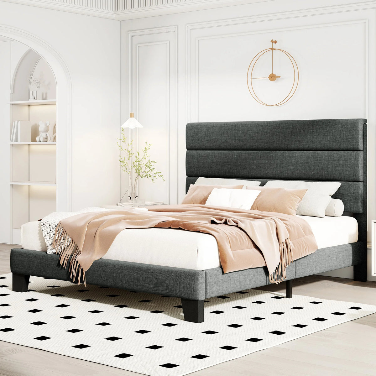 HOOMIC Upholstered Platform Bed Frame with Headboard and Wood Slats