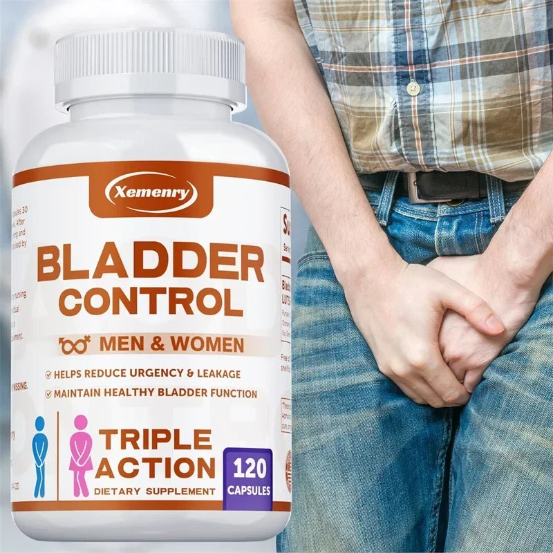 Supplement bottle labeled 'Bladder Control' for men and women with a person holding their bladder.