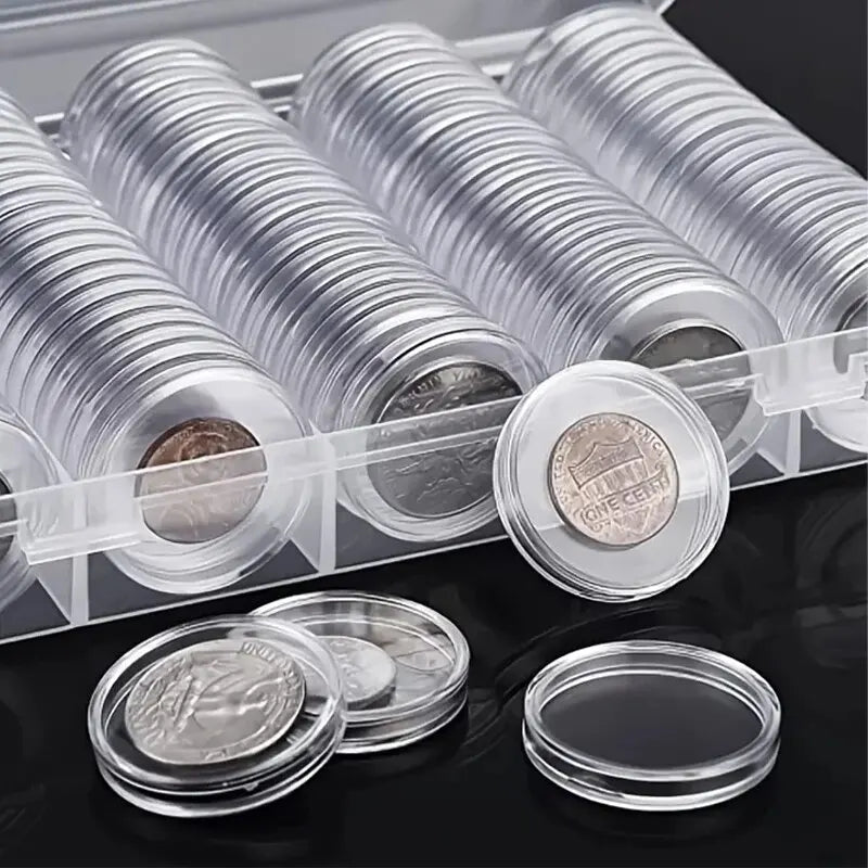 100-Pack Clear Coin Capsules Plastic Storage Organizer Box – Round Coin Protection for Collectors