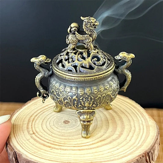 Vintage Alloy Incense Burner Three-Legged Hollow-Out Mini Sandalwood Censer Incense Stick Holder (2.36 in / 6.0 cm)