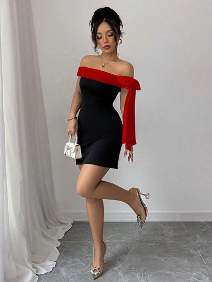 Women’s Black Lace Patchwork Midi Dress – Slash Neck, Slim Fit A-Line, Mid-Calf Length, All-Season Party & Evening Dress, Sizes S–XXL