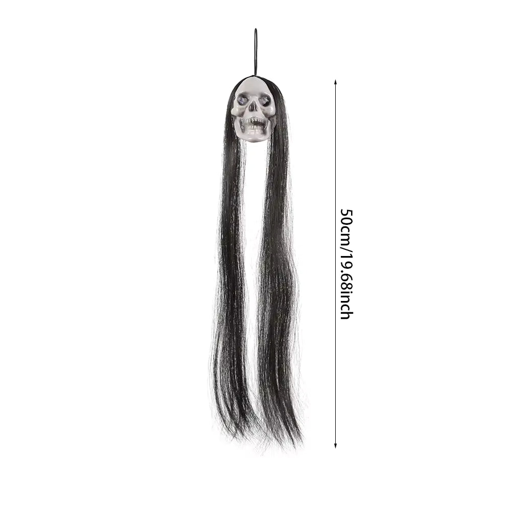 Hanging Ghost Skull Decoration with Long Hair and Glowing Eyes