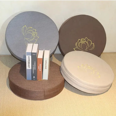Round Linen Meditation Cushion 40 x 6 cm (16 x 2.4 in) - Firm Lotus Texture Floor Seat Pillow, Removable Washable Cover, Tatami Backrest