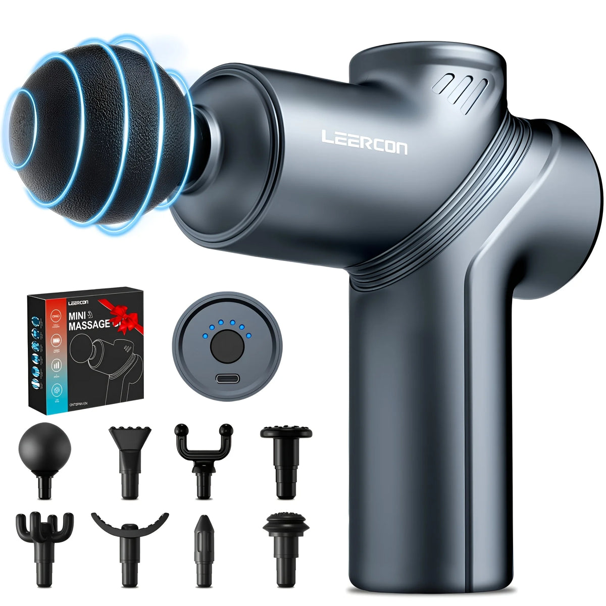 LEERCON Mini Massage Gun – Deep Tissue Percussion Massager, Silent Brushless Motor, 6 Speeds, 4 Heads, USB-C, for Women & Men