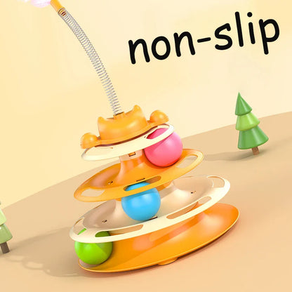 Interactive Cat Toy Tower with Turntable Track, Rolling Balls and Feather Teaser - Kitten Training Toy