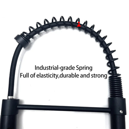 Pull-Down Spring Kitchen Faucet — Matte Black Brushed Stainless, 360° Swivel, Hot & Cold Mixer, Single-Handle Pull-Out