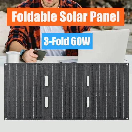 60W Foldable Solar Panel 3-Fold USB Type-C Folding Bag Power Charger For Phone Outdoor Hiking Camping Mobile Power Supplies