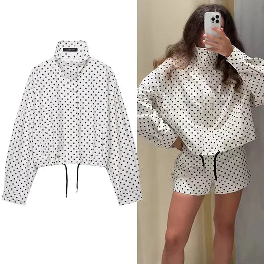 Polka Dot Short Coat for Women - Long Sleeve Casual Office Jacket, Elegant High Street Outerwear
