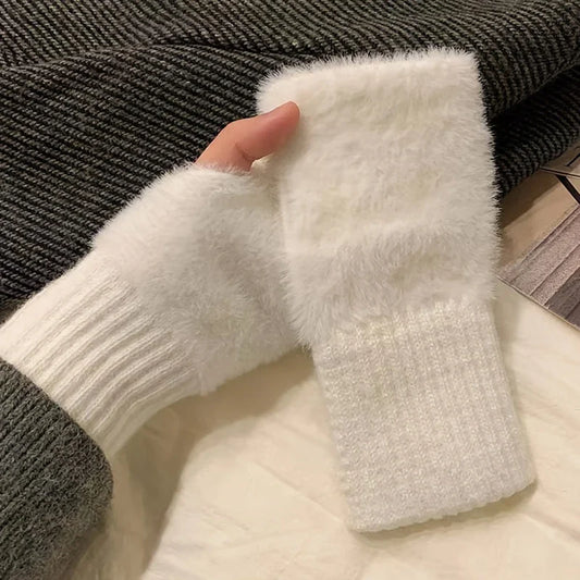 Faux Mink Fleece Fingerless Gloves for Women - Plush Knitted Half-Finger Wrist Mittens for Driving & Writing (One Size 16 x 9 cm / 6.3 x 3.5 in)
