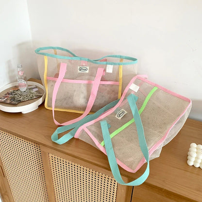 Ladies Summer Transparent Mesh Breathable Handbag Outdoor Beach Shower Handbag Large Capacity Beach Bags Portable Swimming Tote