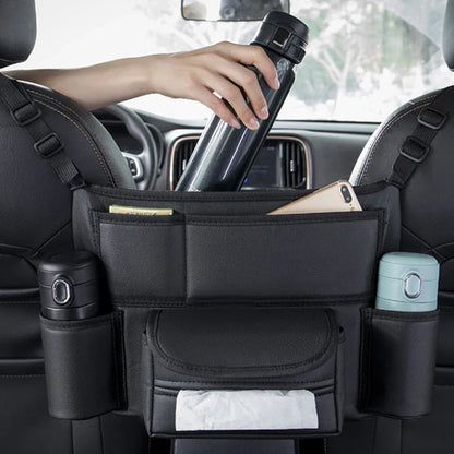 Leather Car Seat Middle Hanger Organizer – Large Capacity Between-Seats Handbag Holder with Tissue & Cup Pockets