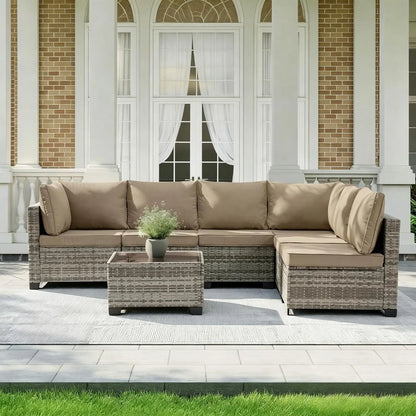 XIAOLANG 7-Piece PE Wicker Modular Patio Sectional - Steel Frame, Tempered Glass Table, Sponge & PP Cotton Cushions, Adjustable Feet, 7 Colour Options