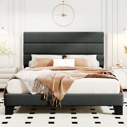 HOOMIC Upholstered Platform Bed Frame with Headboard and Wood Slats